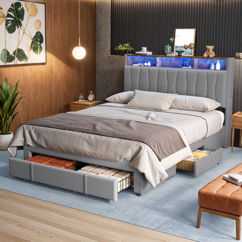 Upholstered Bookcase Storage Bed, Queen, Gray