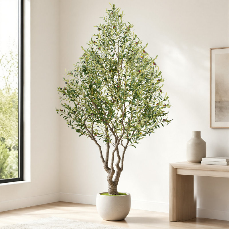 Grand olivier 8 pi - Olive artificielle en ciment noir pour décoration de maison, café et bord de mer Boho, 40 po x 38 po
