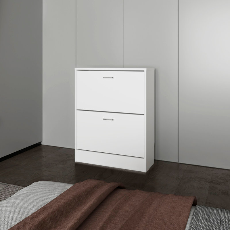 Armoire à chaussures Ozzy, 2 portes basculantes, conception mince, supports internes, style moderne, Blanc
