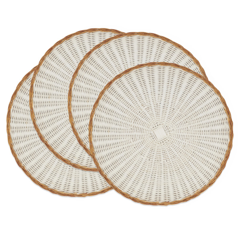 Two-Tone White and Natural Rattan Round Placemats, Set of 4