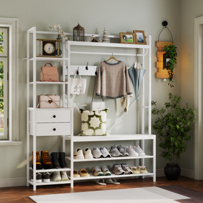 7-in-1 Hall Tree With Bench And Shoe Storage For Entryway, Entryway Bench With Coat Rack, Storage Shelves, Shoe Race, Coat Hooks And 2 Fabric Drawers( by Ebern Designs
