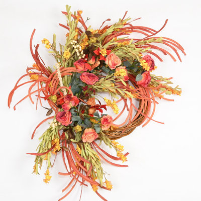26" Artificial Fall Autumn Foliage Thanksgiving Day Harvest Blossom Cluster Berry Rose Floral Wreath For Front Door