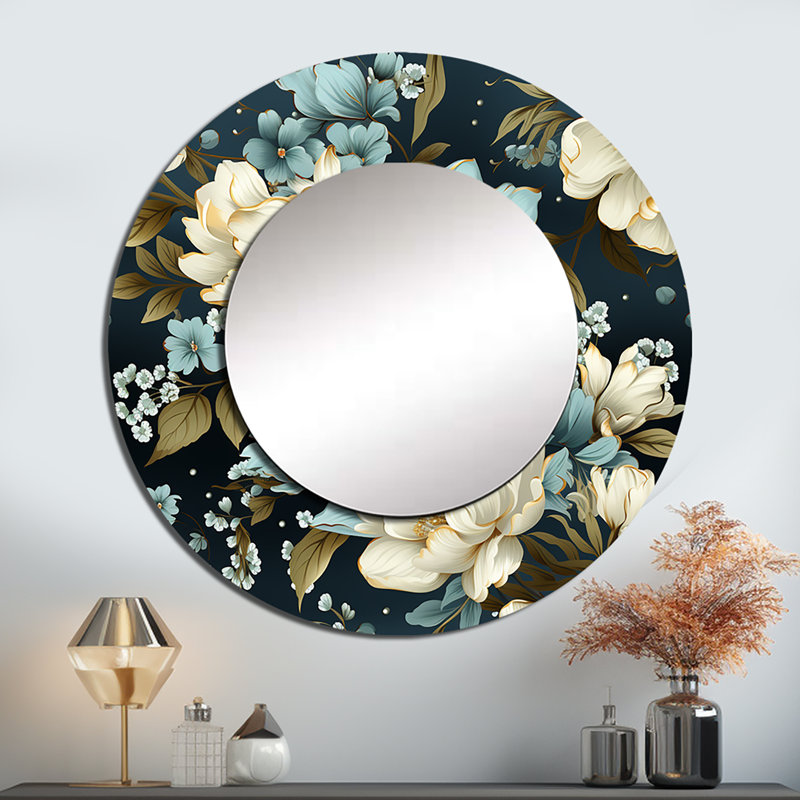 Rhenda Victorian Elegance - Floral Decorative Mirror, White Round Wall Mirror, Printed Metal Art, 23" x 23"