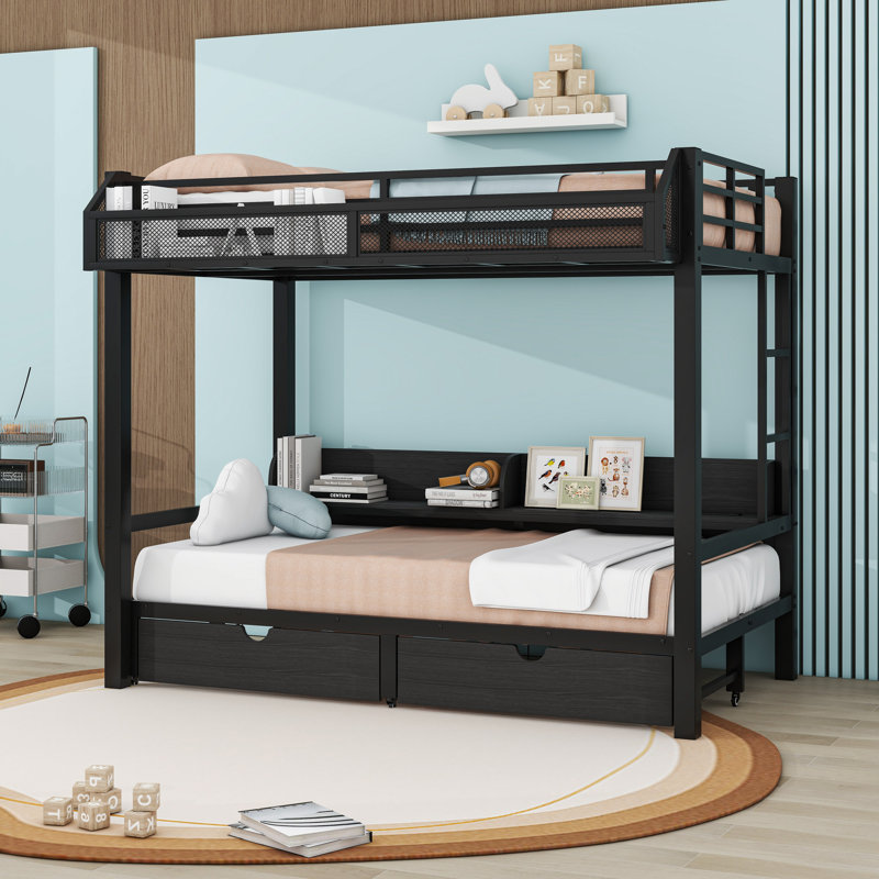 Lit superposé avec tablettes de rangement, tiroirs, ports USB et lumières DEL, Lit superposé simple TG sur simple TG, Noir
