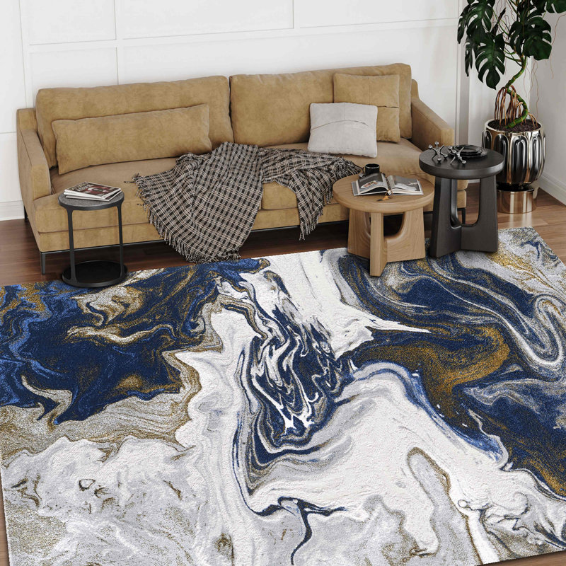Tapis de couloir doré et bleu 2 pi x 7 pi 956, Rectangle 5 pi x 7 pi