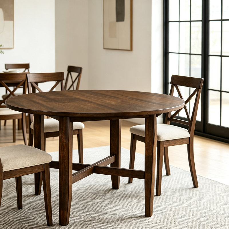 Table de salle à manger ronde Kendric de style ferme moderne, 119 cm (47 po), en bois massif – Finition bois vintage neutre, pieds fuselés en bois avec renfort en X, table de petit-déjeuner, disponible en 2 couleurs