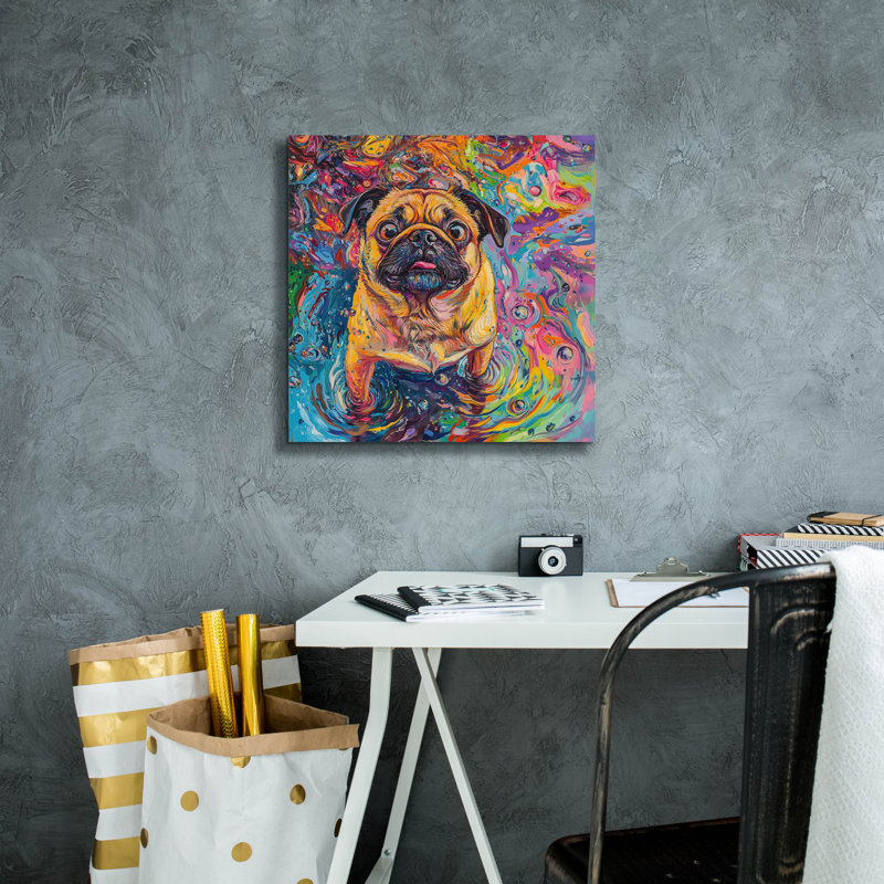  «Pug In The Rain» par Rich Monet, art mural sur toile, 18 po x 18 po