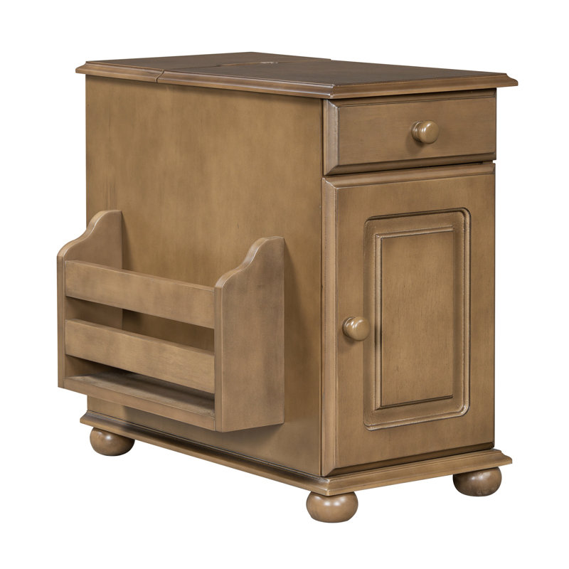 U-Can Vintage End Table Flip Top Side Table With USB Ports, One Multifunctional Drawer With Cup Holders, Sofa Couch Table With Bookshelf For Living Room And Small Space