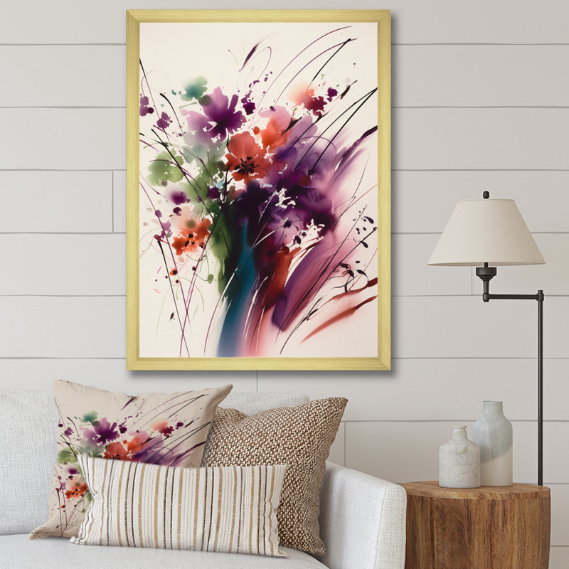 Keyva, bouquet de fleurs mauves et vertes Elegance III sur toile, H 32 po x l 24 po x P 1 po, Encadrement doré