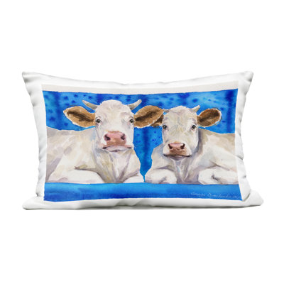 Two White Cows on Blue Outdoor Printed Pillow, design by George Dyachenko