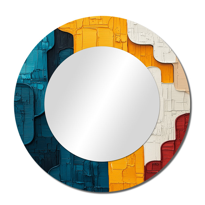 Urban Jazz transitionnel, collage bleu et jaune I - art mural miroir moderne - imprimé sur métal, 36 po x 36 po