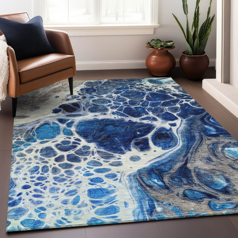 Premium Machine Washable Prisco Navy Rug, Rectangle 10' x 14'