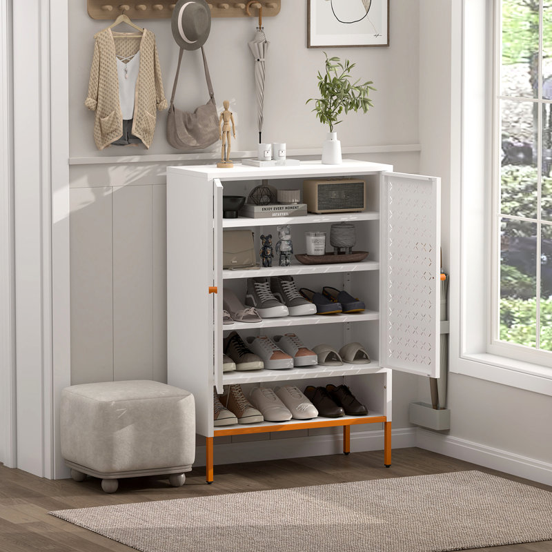 Double - Opening Butterfly Door Grid Shoe Rack Organizer, 15cm High Foot For Ventilation, Adjustable Shelves, White Metal Modern Home Cabinet With Dual Doors, Proof Foot, Three Compartments, Powder