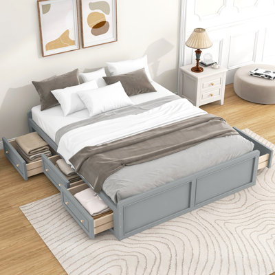 Structure de lit plateforme en bois avec 6 tiroirs, gris