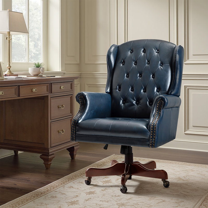Swain 46.5'' H Traditional  Faux Leather Executive Chair with Solid Wood Base and Tufted Back, Navy Pebbled Faux Leather