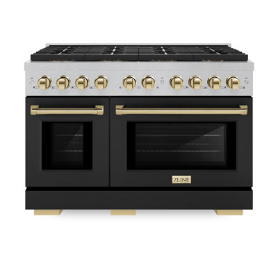 ZLINE Autograph Edition 48 in. 6.7 cu. ft. Paramount Gas Range W/ 8 Burner DuoPro Cooktop and Dual Ovens in Satin Stainless Steel W/ Black Matte Doors and Polished Gold Accents