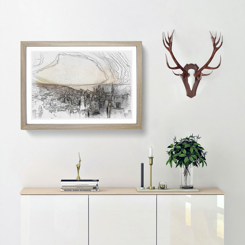 High over the Chicago Skyline in Abstract - Picture Frame Graphic Art Print, Oak Framed, 62cm H x 87cm W x 2cm D