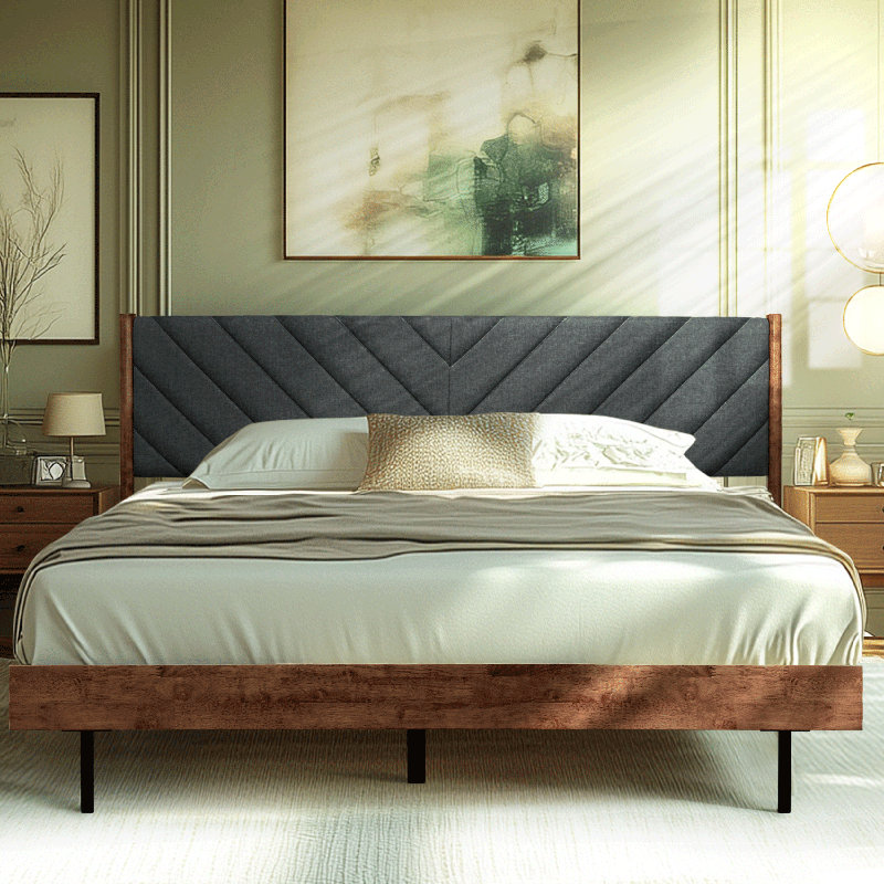 Felisha Solid Wood King Size Bed Frame with Fabric Headboard, Contemporary Modern Upholstered Platform Bed, Walnut Finish