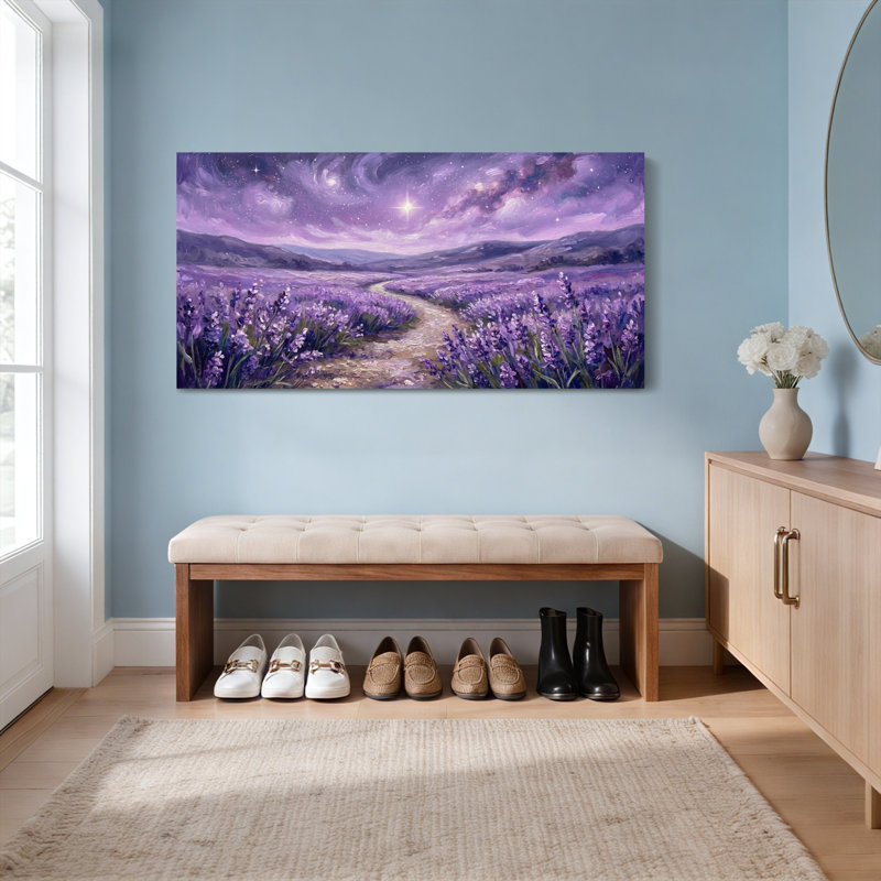 Ensemble de 1 tableau sur toile tendue représentant un champ de lavande sous un ciel étoilé, H 16 po x l 32 po