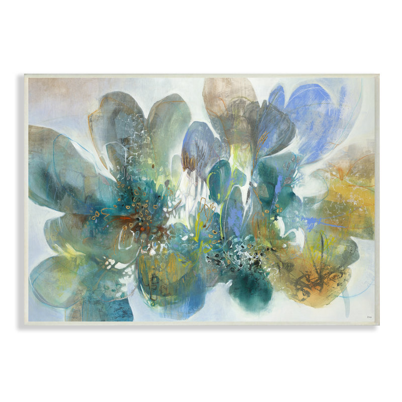 «Blue and Green Bright Painterly Florals» par K. Nari, peinture, H 12,5 po x l 18,5 po x P 0,5 po, Plaque murale