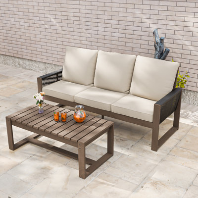 3-Person Outdoor Patio Cedar Wood Brown Round Wicker Sofa Seating Group with Olefin Thick Cushions, Slat Coffee Table by Dovecove