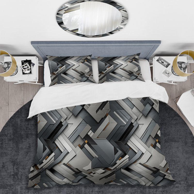 Ensemble de housse de couette géométrique Grey Symmetry, Housse de couette pour très grand lit et 2 très