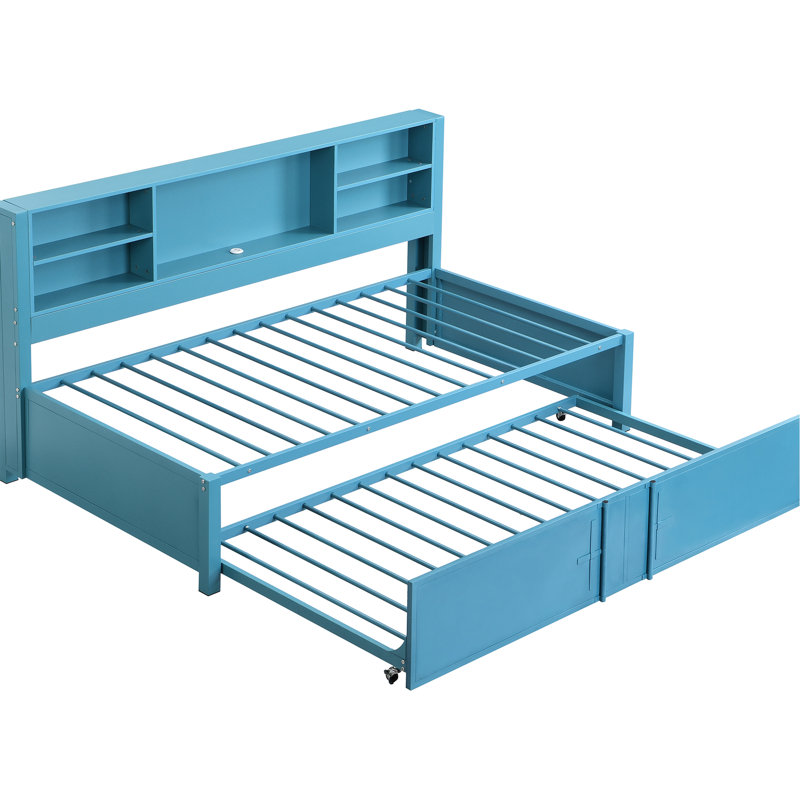 Lit de jour simple en métal avec couchette, ports, tablettes de rangement - rangement bleu, ports captivants