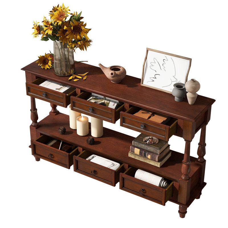 Vintage 54" Solid Wood Console Table With 6 Drawers And Shelf, Cherry