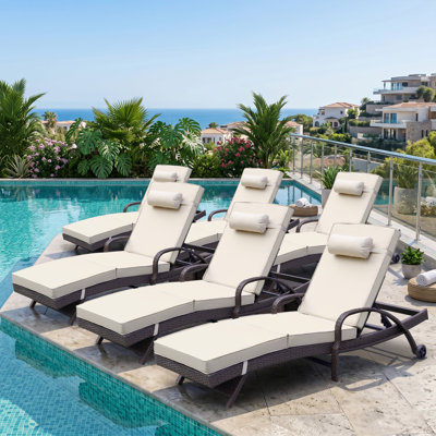 Set of 6 Outdoor Wicker Chaise Lounge with 6 Adjustable Reclining Positions,Cushion,Pillow & Wheels