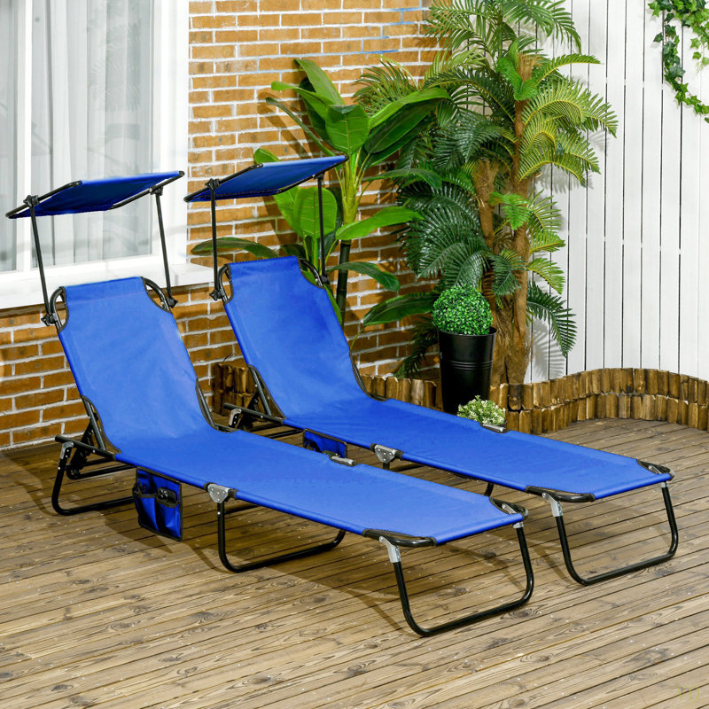 Outsunny Folding Chaise Lounge Pool Chairs, Outdoor Sun Tanning Chairs With Canopy Shade, Reclining Back, Steel Frame And Side Pocket For Beach, Yard, Patio
