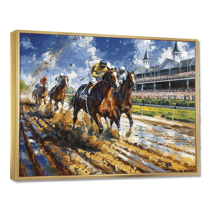 Marlyin - course de chevaux, art mural, H 34 po x l 44 po x P 1,5 po, Cadre flottant doré