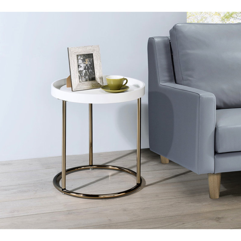 21.23" White Side Table With Copper Legs And Acrylic Rim Edge Compressed Wood Top