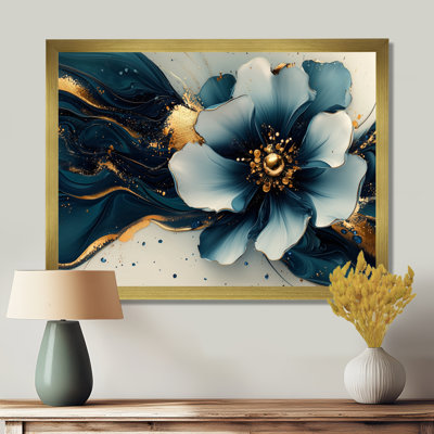 «Golden Arrangement», velours bleu, marguerites, encre II - marguerites, art mural pour le salon