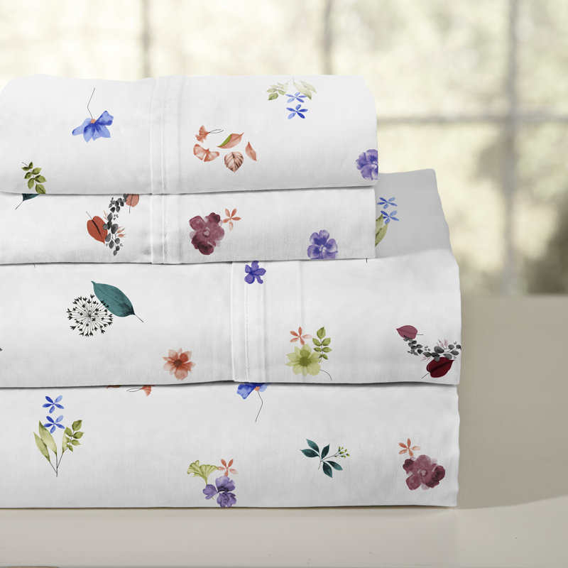 Ensemble de draps en percale de coton 4 pièces Pointehaven, Ensemble de draps pour lit double, Jardin floral