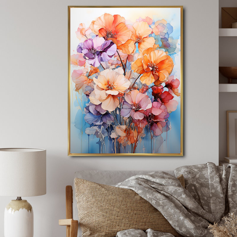 Pensées Représentation multicolore acrylique sur toile III, Cadre flottant doré, H 40 po x l 30 po x P 1,5 po