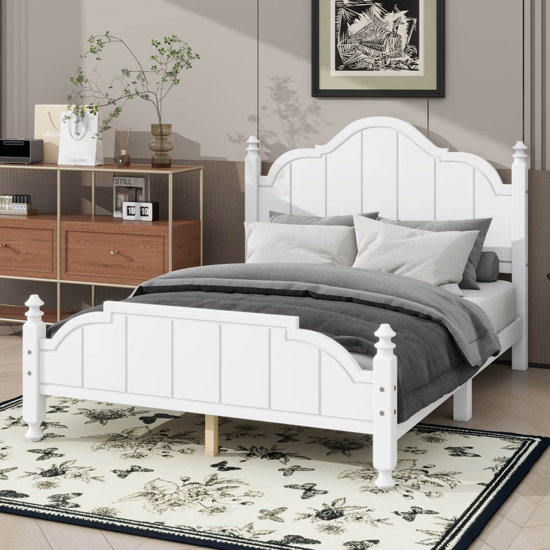 Full-Size Bed Frame With Headboard, Classic Wooden Bed Frame With Slat Support, Full, White