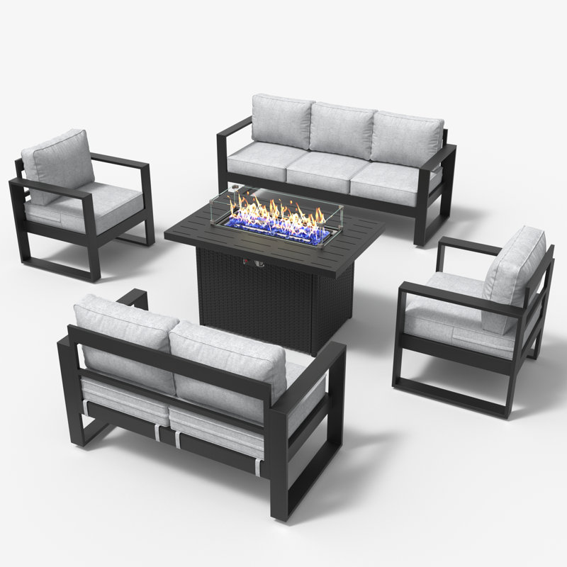 5 Piece Sofa Seating Group With Cushions, Light Grey/Black