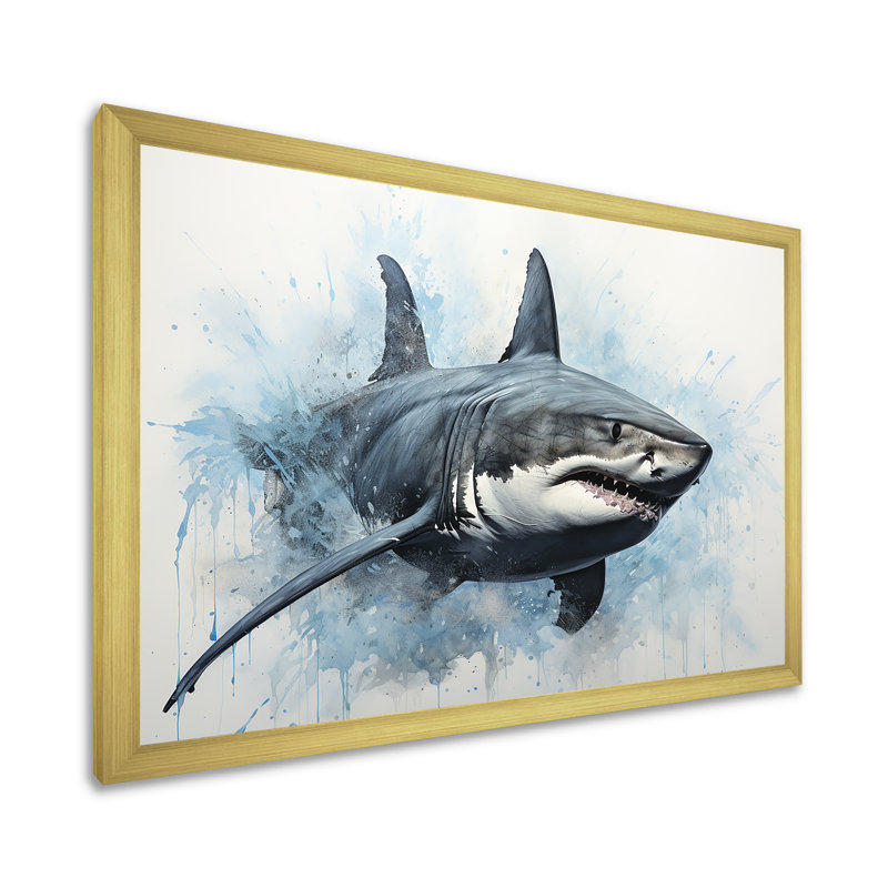 " Minimalism Blue Shark Painting I ", 30" H x 40" W x 1.5" D, Gold Single Picture Framed