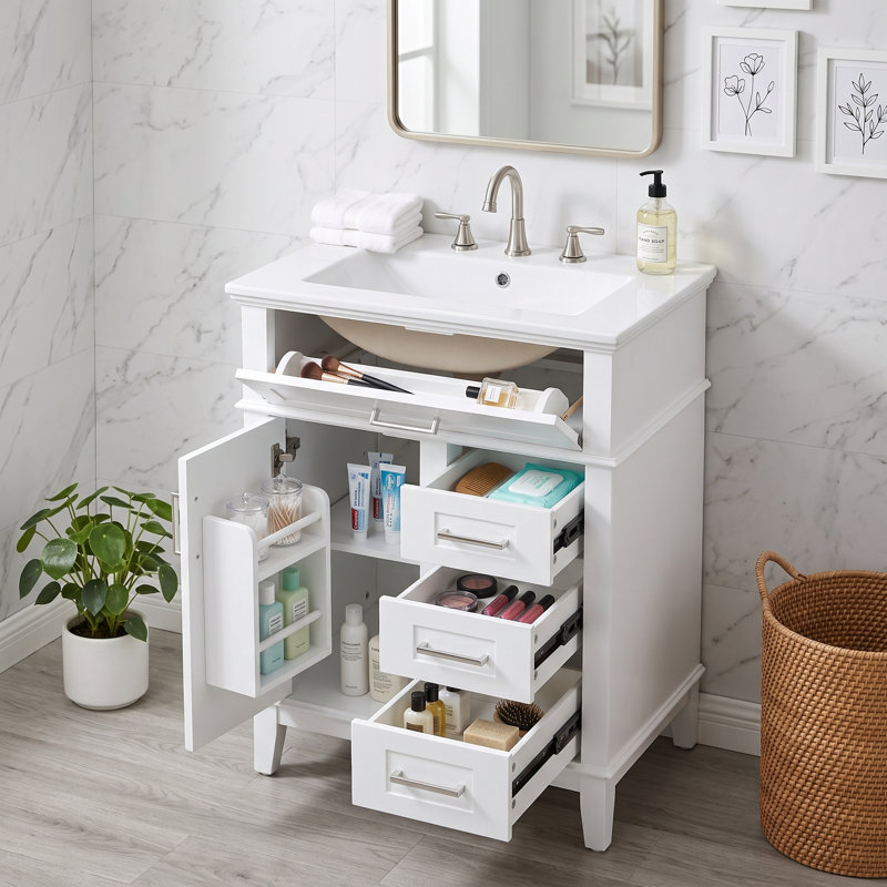 Meuble-lavabo autoportant avec lavabo en céramique, porte à fermeture en douceur, tiroir rabattable et tablette réglable