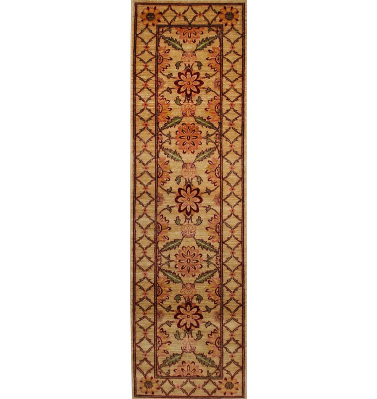 Ivory Hand-Knotted Wool Floral Trellis Border Geometric Modern Contemporary Carpet Rug, 3' x 14'