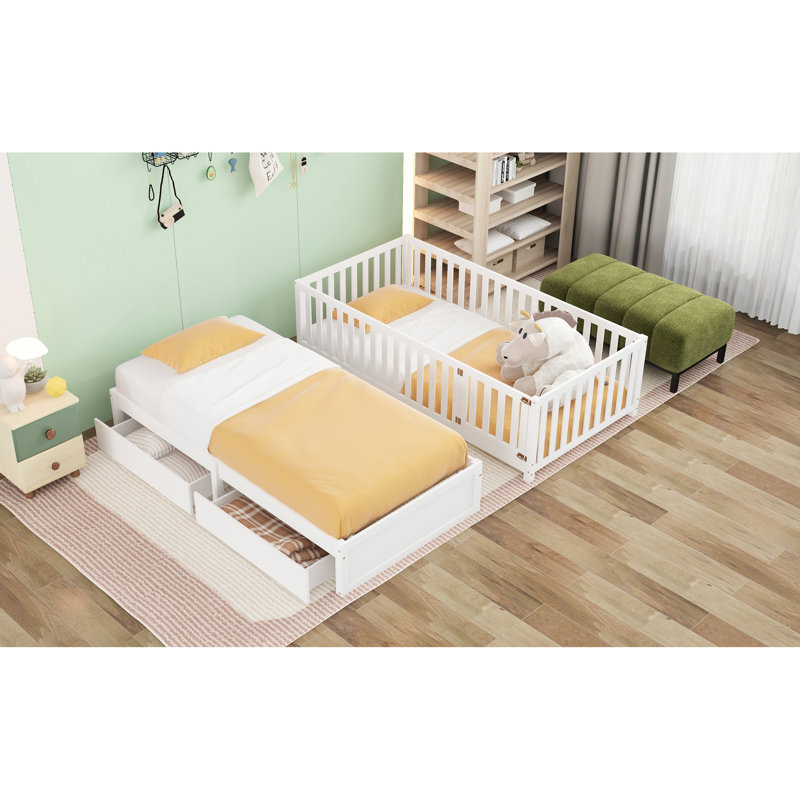Lit de jour simple blanc avec garde-corps et tiroirs, peu encombrant dans la chambre à coucher, pouvant se diviser en deux lits, coffre-fort pour les frères et sœurs convertible en lit au sol, petits enfants confortables, pin de qualité