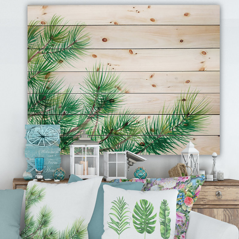 Branches de pin - impression traditionnelle sur bois de pin naturel, H 15 po x l 30 po x P 0,78 po