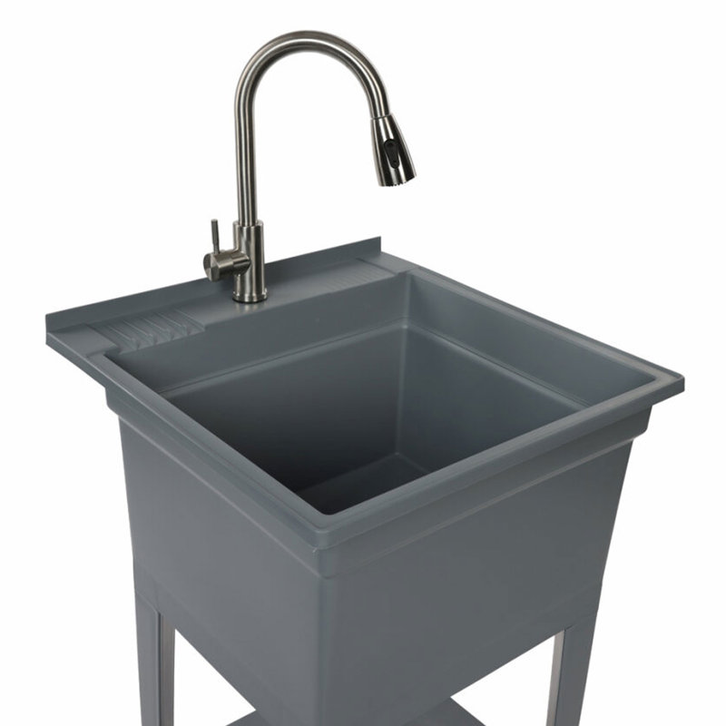 UTILITYSINKS Plastic 24" Compact Workshop Freestanding Laundry Sink with Faucet, Gray