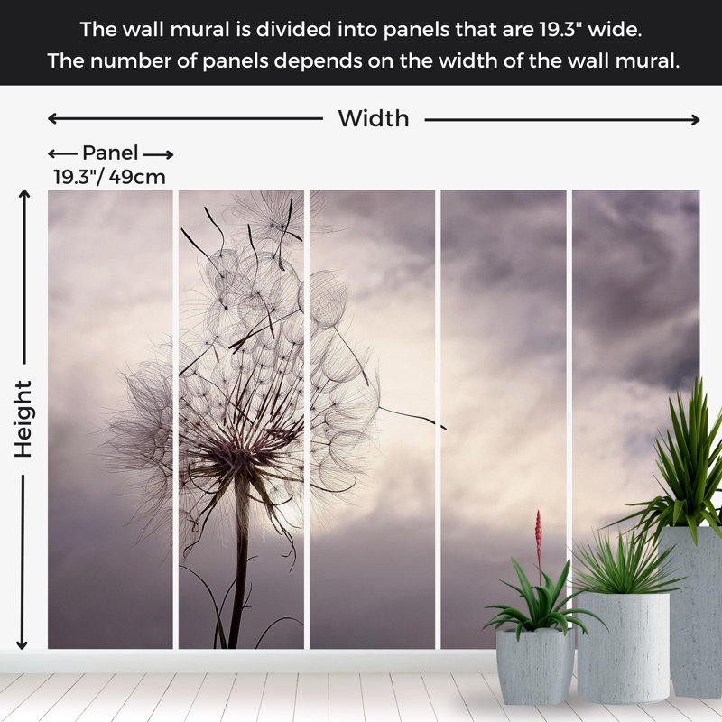 Adhésif mural floral peler et coller - Pissenlit au vent, L 55 po x l 77 po