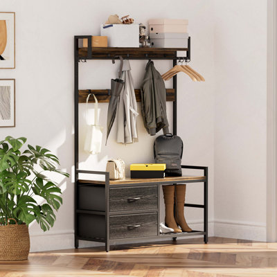 33.1" Wide Hall Tree with 2 Movable Drawers, Shoe Storage, Shelves and Garment Racks, 5-in-1 Entryway Bench with 23 Hooks (Fixed and Movable)