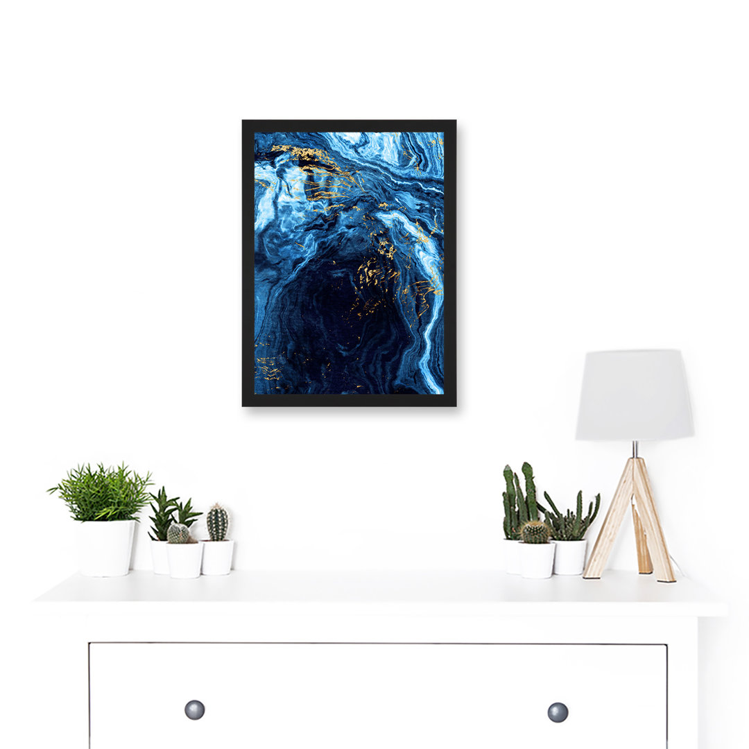 Abstract Dark Blue Gold Swirl Watercolour Modern - Single Picture Frame Print