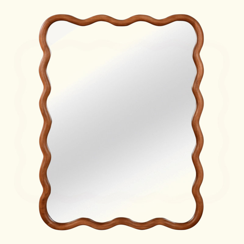Wavy Rectangle Solid Wood Frame Decorative Mirror,For Bedroom, Bathroom, Living Room, Entryway, Yellowish Brown, 40" x 30"