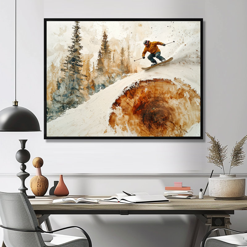 Sommet des planeurs qui skient dans un paysage d'hiver III - art mural ski, H 16 po x l 32 po, Floater Framed, Noir