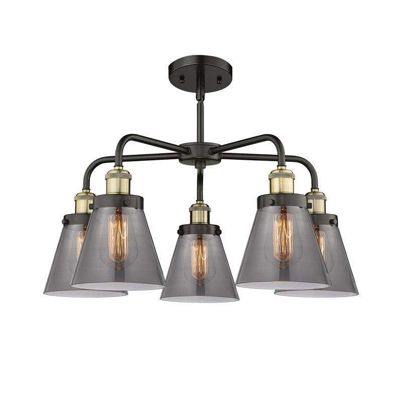 Cone 5 Light Stem Hung Chandelier, Black Antique Brass, Plated Smoke