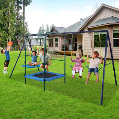 4 In 1 Backyard Swing Featuring Belt, , Trampoline, Basket Rim - Multicolor Steel Swing, Heavy A Frame, High Load Carabiners, Adjustable Ropes And Quick Installation Process With For Construction,